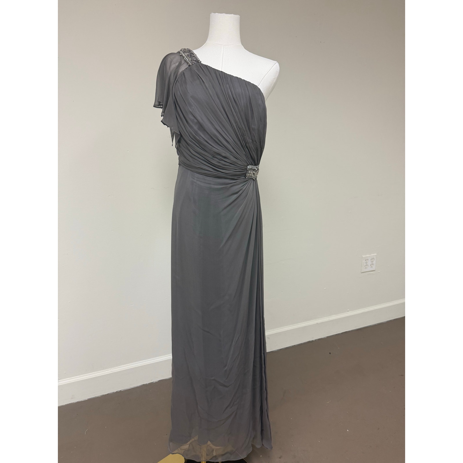 David Meister One-Shoulder Formal Flowing Maxi Evening Dress Gray Size 10